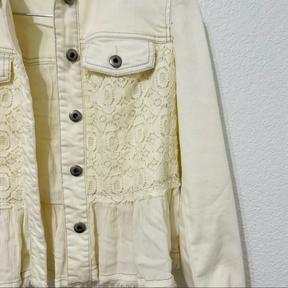 Free People White Cream Lace Jean Jacket Peplum Size 0 - Picture 3 of 8